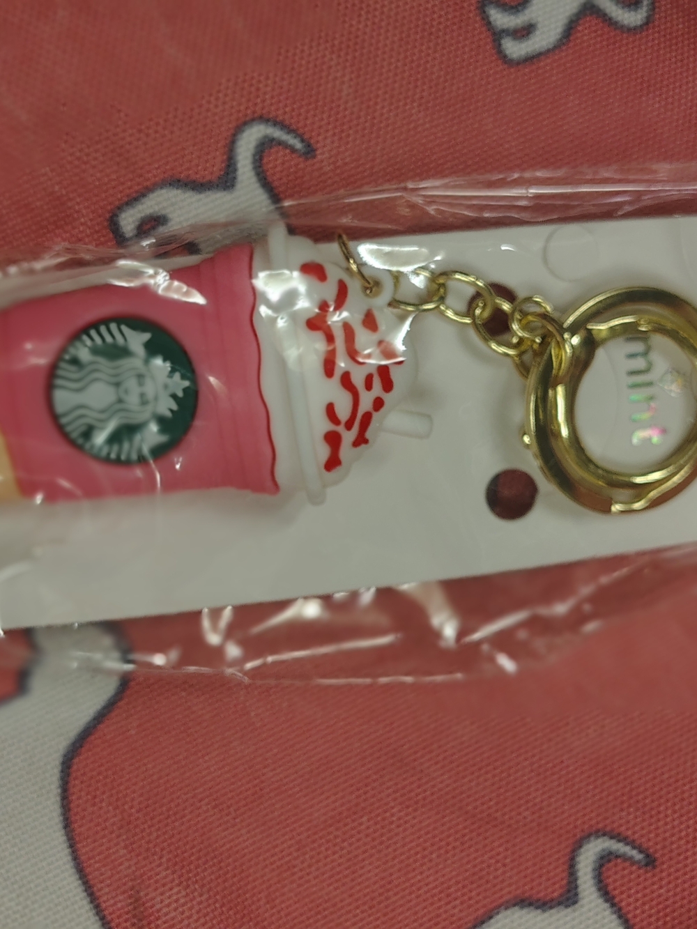 Starbucks Pink and White Cup Charm Keyring with Gold Hardware